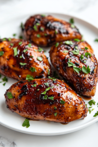 The finished maple-glazed chicken is beautifully plated on a white dish over a white marble cooktop. Freshly chopped parsley is sprinkled on top, enhancing the glossy, caramelized chicken, ready to be enjoyed.