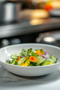 A close-up view of the sweet and tangy cucumber onion salad served in a white ceramic bowl on a white marble cooktop. The glossy, chilled vegetables glisten under soft lighting, ready to be enjoyed as a refreshing side dish.