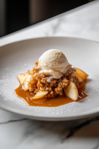 A close-up shot of a serving of apple crisp plated with a scoop of melting vanilla ice cream on top. A caramel drizzle cascades over the dessert, adding an extra layer of sweetness and indulgence.