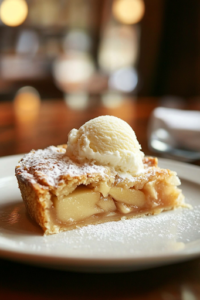 A close-up shot of a slice of Dutch apple pie served on a plate, topped with a scoop of melting vanilla ice cream. The contrast of the warm, spiced apple filling and the cold, creamy ice cream makes it look absolutely irresistible.