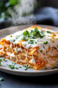 A plated serving of Buffalo chicken lasagna drizzled with creamy ranch dressing and garnished with fresh herbs. Steam rises from the layers, and a fork rests nearby, ready to dig into the delicious dish.