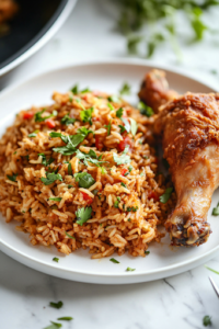 A close-up shot of a serving of Creole Dirty Rice on a white plate, placed on the white marble cooktop. A crispy Southern Fried Chicken drumstick rests beside it, garnished with fresh herbs, ready to be enjoyed.