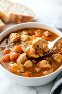 A ladle scoops a thick, creamy spoonful of hearty chicken stew from the black pot on the white marble cooktop. The dish is ready to be served, with crusty bread on the side for the perfect comforting meal.