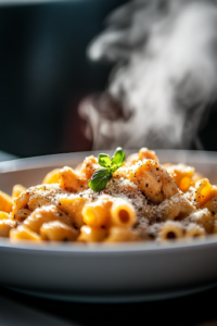 A plated serving of creamy garlic Parmesan chicken pasta, garnished with extra Parmesan cheese and cracked black pepper. Steam rises from the dish, while a fork twirls a bite of pasta, ready to be enjoyed.