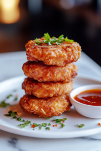 A close-up shot of a serving plate on a white marble cooktop, showcasing a neatly stacked pile of freshly fried, golden brown Crispy Chicken Patty Bites, ready to enjoy. A small dish of dipping sauce sits beside them, with a sprinkle of fresh garnish adding a vibrant touch to the beautifully presented dish.