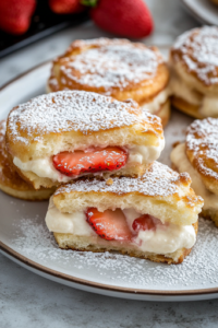 A close-up shot of a serving plate on the white marble cooktop, with the fried sandwiches dusted with powdered sugar. One sandwich is cut in half, showcasing the gooey, creamy strawberry filling inside its crispy golden crust, ready to be enjoyed.