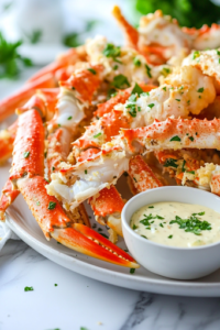 A serving plate on the white marble cooktop, piled with crispy fried imitation crab legs. The dish is garnished with fresh parsley and served with a small bowl of dipping sauce, such as garlic butter or spicy aioli, ready to be enjoyed.