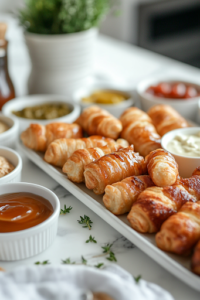 A close-up of a serving platter on a white marble cooktop, with golden pigs in a blanket arranged in a circular pattern. Small bowls of maple syrup, mustard, and other dipping sauces sit beside them, ready for dipping and enjoying.