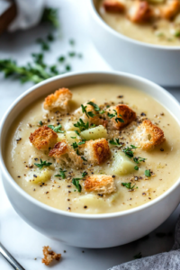 A close-up shot of a bowl of creamy potato leek soup on a white marble cooktop, garnished with fresh herbs and crispy croutons. Steam gently rises from the bowl, making it ready to be enjoyed.