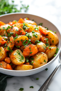 A close-up shot of a serving bowl on a white marble cooktop, filled with warm, tender potatoes and carrots, garnished with fresh herbs and chopped green onions. A serving spoon rests beside the dish, ready for serving.