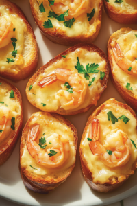 A serving plate on the white marble cooktop, beautifully arranged with golden shrimp and cheese baguette bites. Garnished with extra shrimp and fresh herbs, they are warm and ready to be enjoyed.