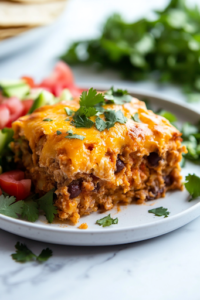 A close-up shot of a serving of cheesy taco hash brown casserole on a plate, placed on the white marble cooktop. The dish is topped with fresh cilantro and served alongside warm tortillas and a fresh salad, making it a comforting and satisfying meal, ready to enjoy.