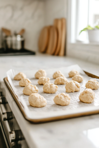 A close-up of a parchment-lined baking sheet on a white marble cooktop, with small mounds of apple fritter batter neatly scooped and shaped. Each fritter is spaced evenly, ready to be baked into golden perfection.