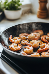 A close-up shot of a black cast-iron skillet on a white marble cooktop, with shrimp sizzling in the pan. The shrimp are turning pink with slightly charred edges, releasing aromatic steam as they cook in the hot skillet.