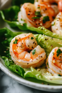 A close-up shot of shrimp being carefully nestled into crisp Romaine lettuce leaves over a white marble cooktop. A spoon drizzles creamy garlic cilantro sauce over the shrimp, adding a rich and flavorful finish.