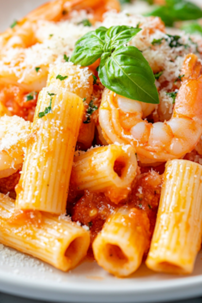 A serving plate on a white marble cooktop featuring a generous portion of shrimp rigatoni in a creamy tomato basil sauce. Freshly grated Parmesan and extra basil leaves garnish the dish, ready to be enjoyed.