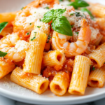 A serving plate on a white marble cooktop featuring a generous portion of shrimp rigatoni in a creamy tomato basil sauce. Freshly grated Parmesan and extra basil leaves garnish the dish, ready to be enjoyed.