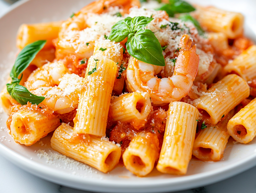 A serving plate on a white marble cooktop featuring a generous portion of shrimp rigatoni in a creamy tomato basil sauce. Freshly grated Parmesan and extra basil leaves garnish the dish, ready to be enjoyed.