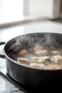 A close-up shot of the black pot on a white marble cooktop, now filled with simmering broth. The golden liquid bubbles gently as steam rises, signaling the slow cooking process that infuses deep flavors into the soup