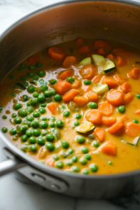 A close-up shot of the stainless steel saucepan on the white marble cooktop, as creamy coconut milk is poured in, turning the sauce into a smooth, golden-hued curry. Julienned carrots, zucchini, and peas are added, gently simmering in the flavorful mixture.