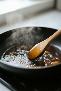 A black skillet on a white marble cooktop bubbles with the honey bourbon glaze as it simmers and thickens. A wooden spoon stirs gently, coating the pan with a glossy, aromatic sauce while steam rises.