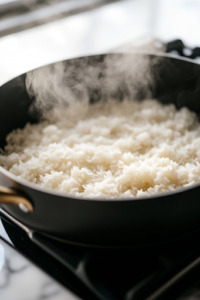 A close-up shot of the black skillet on the white marble cooktop, now covered with a lid as the rice simmers. Wisps of steam escape from the edges, indicating the slow cooking process that enhances the dish’s texture.