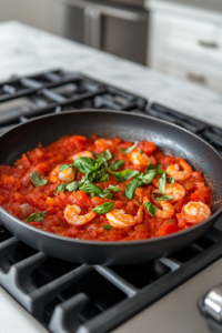 A black skillet on a white marble cooktop with a can of diced tomatoes added to the simmering liquid. The sauce thickens as it cooks, filling the air with a rich and tangy aroma.