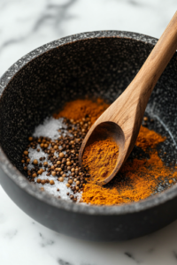 A black saucepan on the white marble cooktop, with apple cider vinegar, white sugar, salt, mustard seed, and ground turmeric being stirred together. The mixture simmers gently, releasing a warm aroma, while a wooden spoon rests on the side.