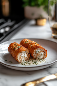 A close-up shot of a serving plate on a white marble cooktop, featuring a crispy golden-brown chicken roll sliced open, revealing the rich, melted garlic herb butter inside, ready to be enjoyed.