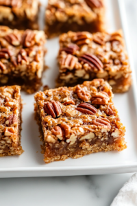 A close-up shot of freshly sliced Sweet Alabama Pecan Bars resting on a wooden cutting board placed on the white marble cooktop. The bars are golden brown with crunchy pecans on top, ready to be enjoyed warm or at room temperature.