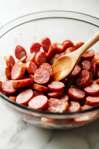 A close-up of a large glass mixing bowl on a white marble cooktop, filled with freshly sliced red potatoes and thick-cut kielbasa rings. A wooden spoon rests inside, ready to mix the ingredients before seasoning.