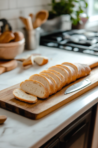 A long baguette being sliced into thin rounds on a wooden cutting board over the white marble cooktop. A bread knife rests nearby, with freshly cut slices ready for the next step.