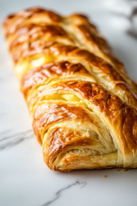 A close-up shot of a freshly baked golden-brown Danish braid, its flaky crust crisp and beautifully layered. A serrated knife slices through, revealing the gooey apple and cream cheese filling inside.
