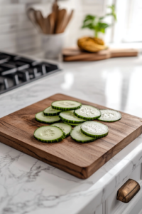 A close-up view of a wooden cutting board on a white marble cooktop, where fresh cucumbers are being sliced into thin rounds with seeds removed. A sharp knife is placed beside the board, and a few whole cucumbers rest nearby, ready to be prepared.