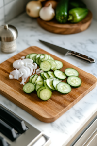 A close-up view of a wooden cutting board on a white marble cooktop with freshly sliced cucumbers, onions, and green bell peppers neatly arranged. A sharp chef’s knife rests nearby, highlighting the thin, even cuts of the crisp vegetables.