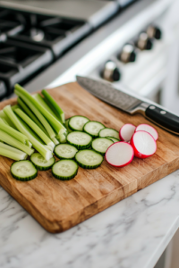 A close-up view of a wooden cutting board on a white marble cooktop, with thinly sliced English cucumbers, radishes, and celery neatly arranged. A sharp chef’s knife rests nearby, showcasing the precision of the fresh, crisp cuts.