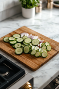 A wooden cutting board on the white marble cooktop with fresh cucumbers and sweet onions being thinly sliced. A sharp knife rests beside the neatly cut pieces, ready for pickling. The vibrant green cucumbers contrast with the pale onion slices.