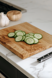 A wooden cutting board on the white marble cooktop with fresh English cucumbers being thinly sliced using a mandoline. The green cucumber slices are neatly arranged in an even pile, with a sharp knife resting beside them, ready for the next step.