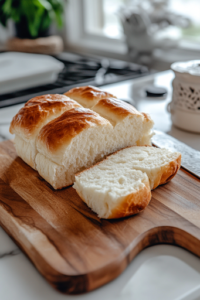 A close-up of a wooden cutting board on a white marble cooktop, where a pack of King's Hawaiian Rolls is being carefully sliced in half. A sharp knife rests beside the rolls, ready to cut the next piece for perfectly portioned French toast bites.