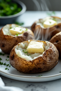 A close-up shot of the finished air fryer baked potatoes on the white marble cooktop. A sharp knife slices one open, revealing its steaming, fluffy inside. A pat of butter melts slowly into the soft potato, ready to be enjoyed.