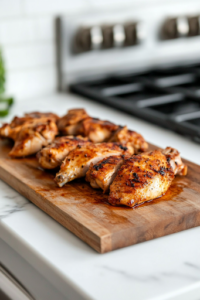 A close-up shot of a wooden cutting board on a white marble cooktop, where the juicy, perfectly seasoned chicken is being sliced into thin strips. Each piece is tender, revealing a well-cooked, flavorful interior, ready to be served in tacos, bowls, or burritos.