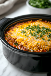 A close-up shot of the slow cooker on the white marble cooktop, covered and set to cook on low. The casserole is slowly heating through, allowing all the flavors to meld together into a rich, cheesy, and taco-flavored dish.