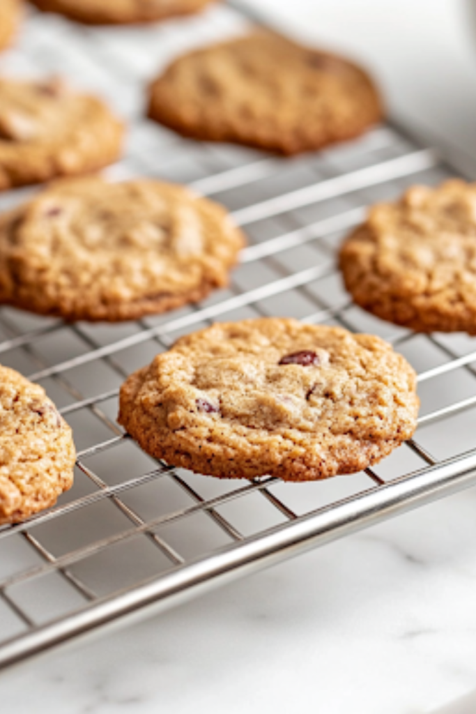 A close-up of freshly baked golden-brown spiced currant cookies cooling on a wire rack on the white marble cooktop. The cookies have crisp edges and a soft center, ready to be enjoyed with a steaming cup of tea or hot chocolate.