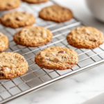A close-up of freshly baked golden-brown spiced currant cookies cooling on a wire rack on the white marble cooktop. The cookies have crisp edges and a soft center, ready to be enjoyed with a steaming cup of tea or hot chocolate.