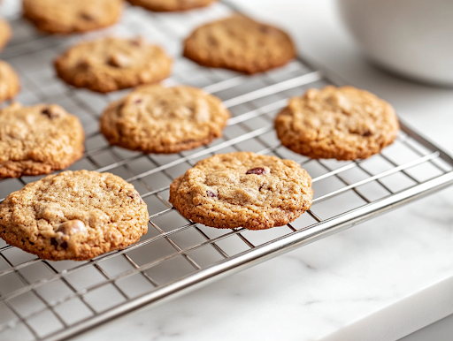 A close-up of freshly baked golden-brown spiced currant cookies cooling on a wire rack on the white marble cooktop. The cookies have crisp edges and a soft center, ready to be enjoyed with a steaming cup of tea or hot chocolate.
