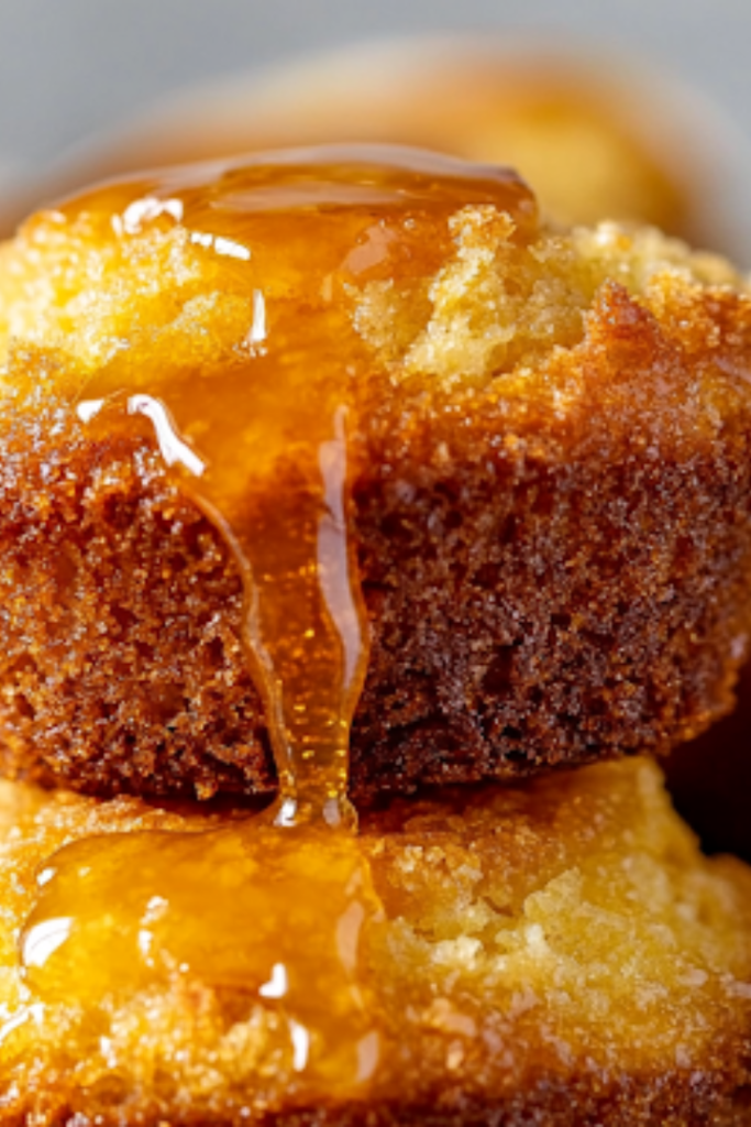 A close-up shot of a pastry brush generously coating warm Sweet Cornbread Poppers with the honey butter glaze. The golden glaze drips slightly, enhancing their shine and adding a rich buttery sweetness to the poppers.
