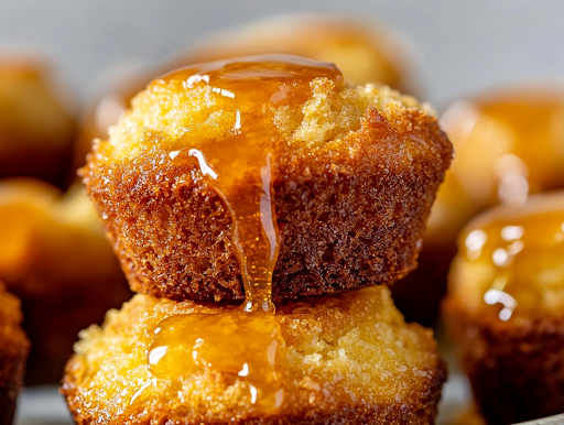 A close-up shot of a pastry brush generously coating warm Sweet Cornbread Poppers with the honey butter glaze. The golden glaze drips slightly, enhancing their shine and adding a rich buttery sweetness to the poppers.
