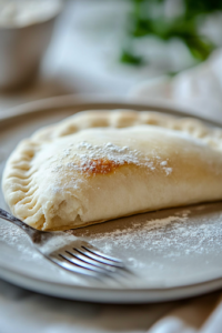 A floured surface with a rolled-out 6-inch pizza dough circle. A spoonful of rich Alfredo sauce is being spread evenly over half of the dough, leaving the edges clear to ensure proper sealing.