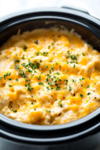 A close-up shot of a slow cooker lightly greased, sitting on the white marble cooktop, as the mixed casserole ingredients are spread evenly inside. The creamy, cheesy mixture is smooth and packed with flavorful chunks, ready to cook to perfection.