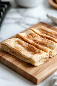 A close-up of a wooden cutting board on a white marble cooktop, displaying crescent roll dough unrolled into rectangles. The seams are carefully pressed together, creating a smooth, even dough surface for the cinnamon filling.